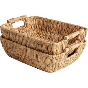 Hand-Woven Large Storage Baskets with Wooden Handles, Water Hyacinth Wicker
